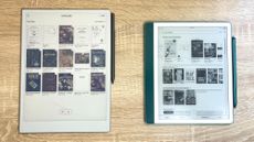 Kindle Scribe and the ReMarkable Paper Pro sitting together on a wood tabletop