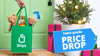 Shipt delivery bag shown next to Christmas tree with gifts