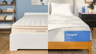 A split image showing the Saatva Classic mattress on a bed frame next to the Casper Dream mattress on a bed frame