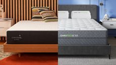 A split image showing the Cocoon by Sealy mattress on a bed frame next to the GhostBed Luxe mattress on a bed frame